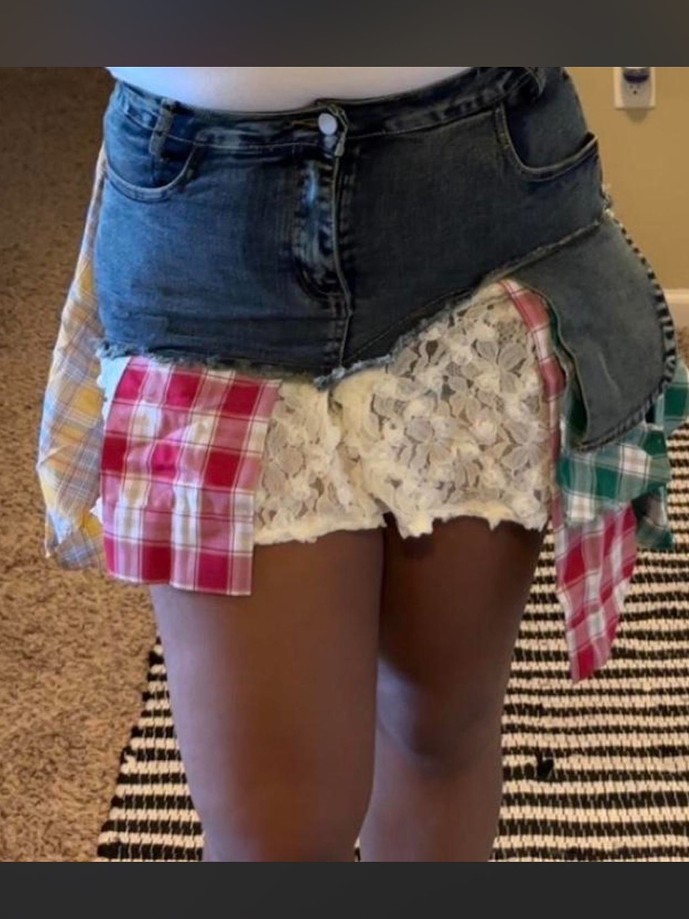 Daisy Patchwork Denim Mini Skirt with Red, Green, Yellow Plaid & White Lace